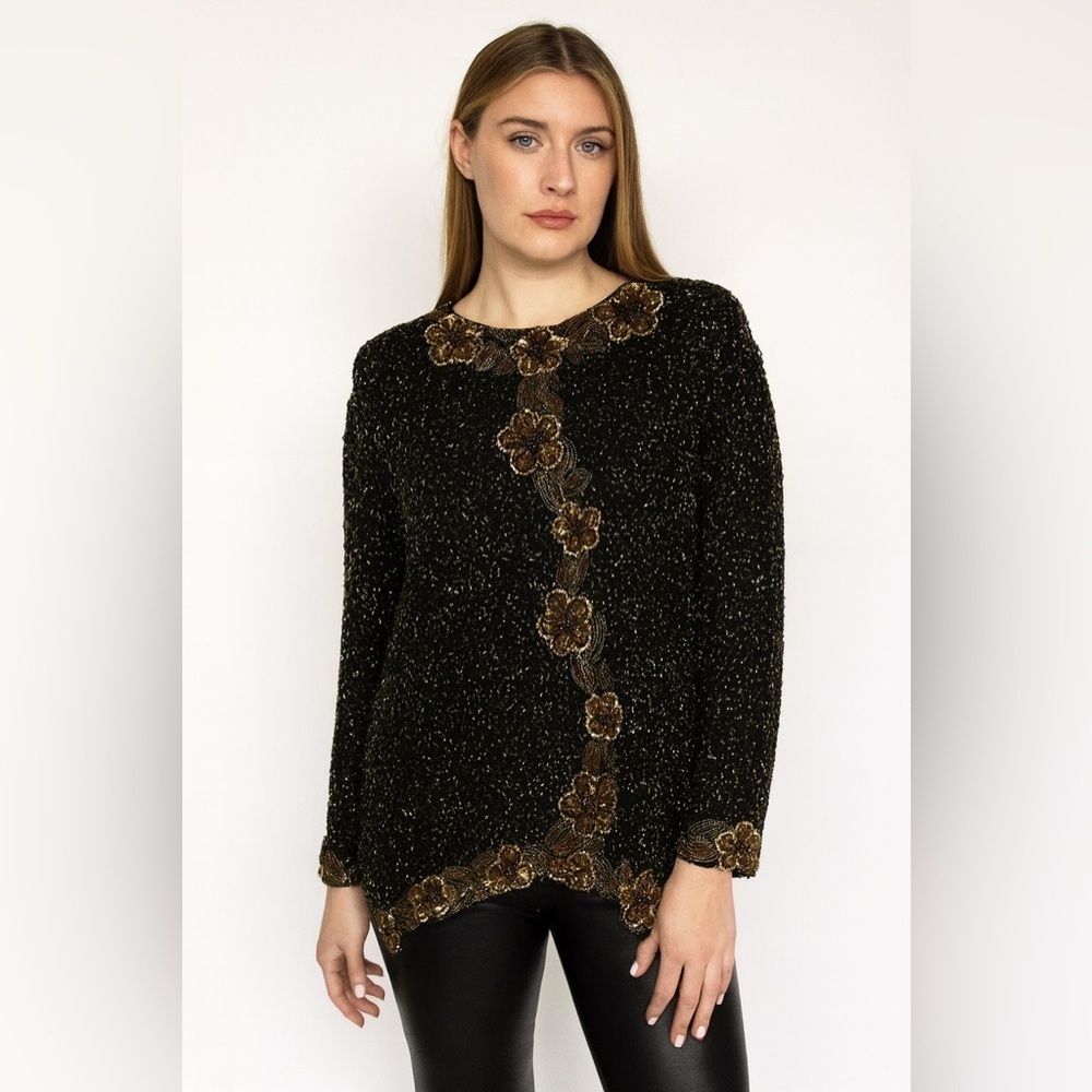 Vintage Candlelight by Jainsons Black 100% Silk Beaded Sequin Top L 1980s Glam